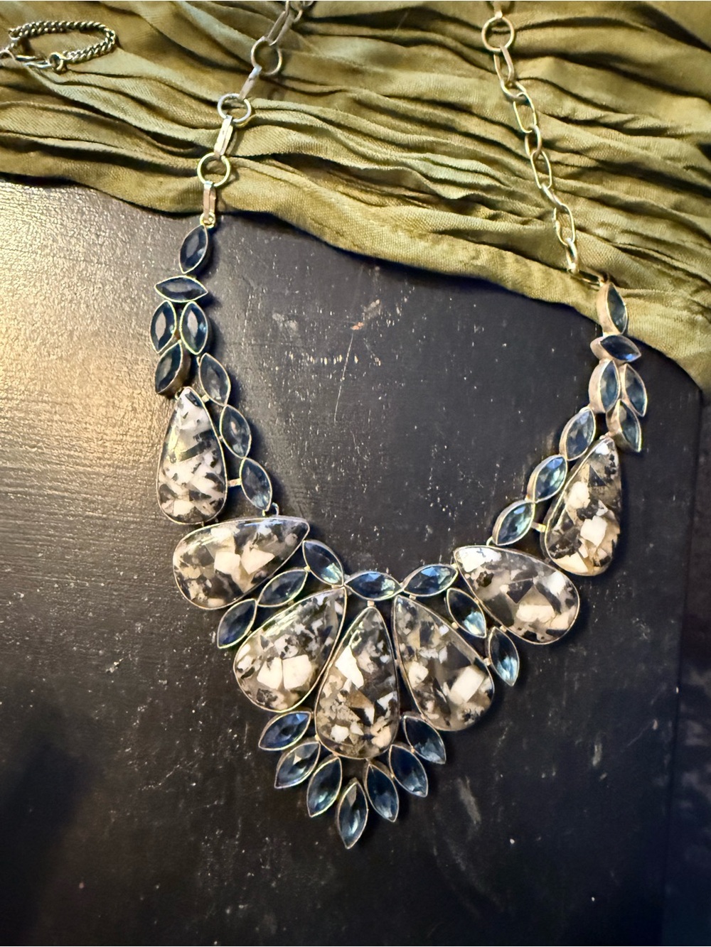 Statement Black merled jasper & Blue Topaz Teardrop Bib Necklace - Women Jewelry